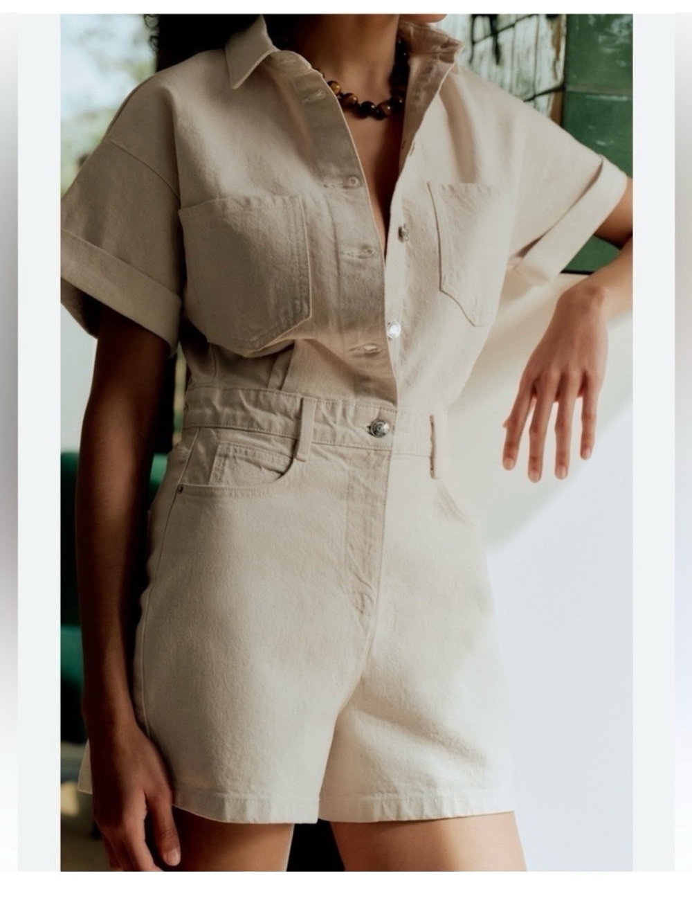 Zara Cream Short-Sleeve Denim Romper